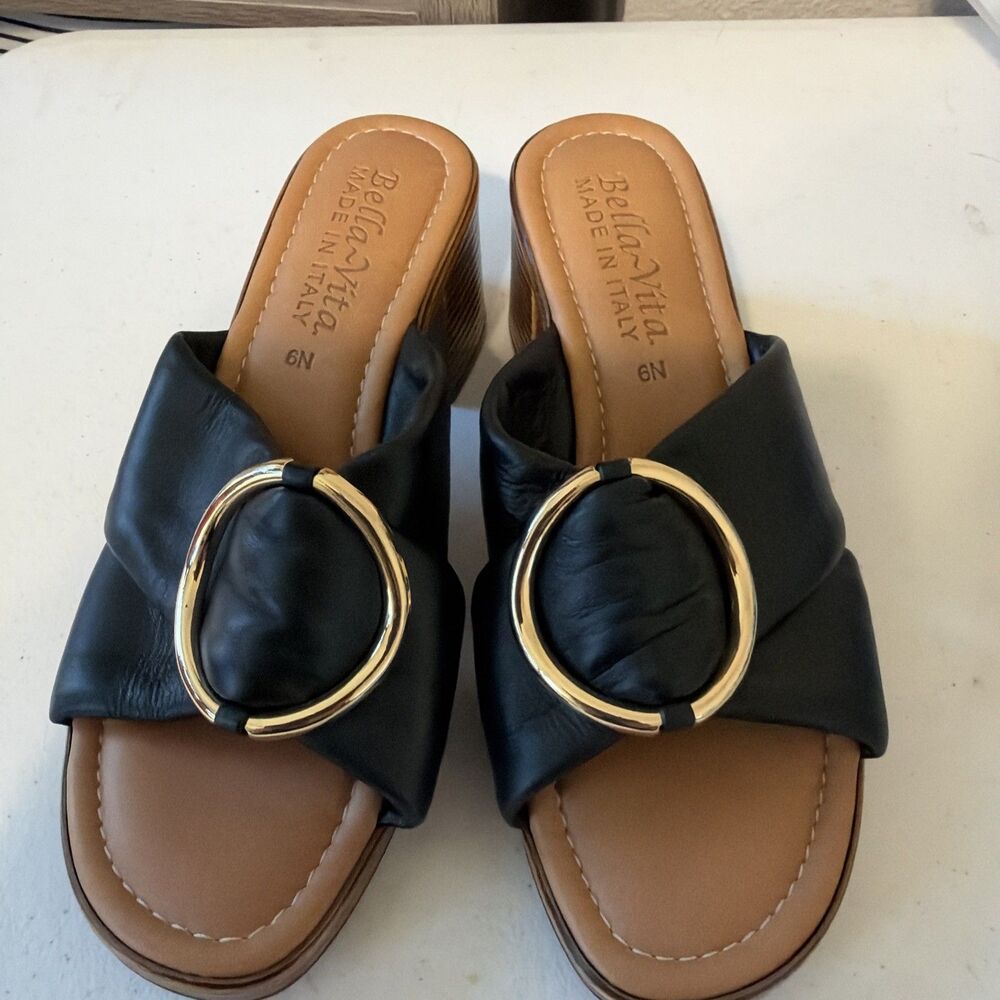 Bella Vita Women's Blue Leather Slide Sandals Slip On Open Toe Block US 6N